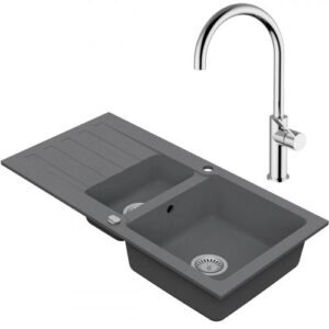 Drezový set Teorema 3/C - Granitový drez 960x480x183 mm 1,5-sektora s odkvapkávacou plochou, sivá + Drezová batéria Teorema